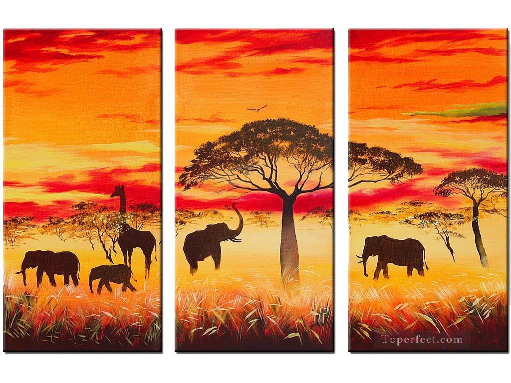 éléphants sous les arbres au coucher du soleil Peintures à l'huile